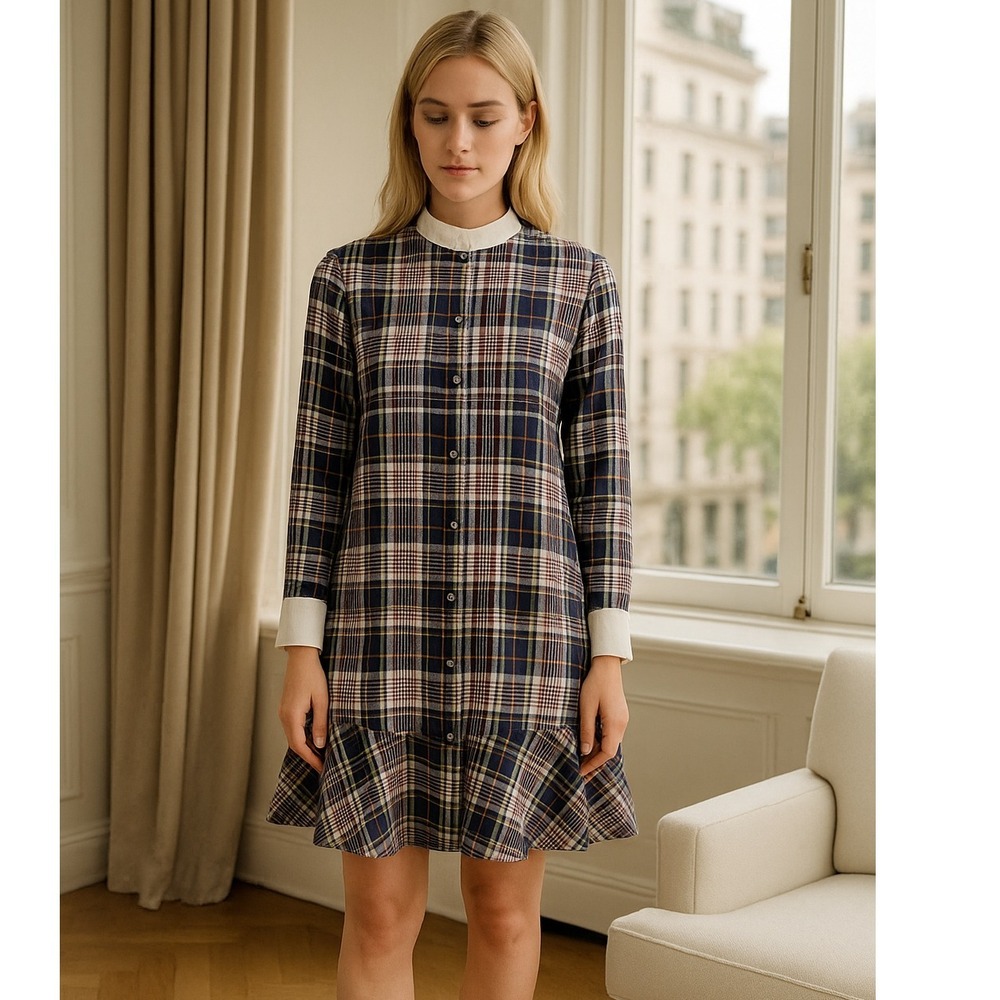 Tory Burch Silk Plaid Ruffle Hem Dress Size 4 White Collar Cuffs Preppy‎ Chic